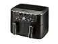 Friggitrice ad aria nera a doppio cassetto con display digitale che mostra 180 °C.