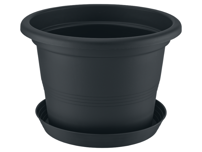 Vaso di plastica nero con sottovaso, per piante da interno o esterno.