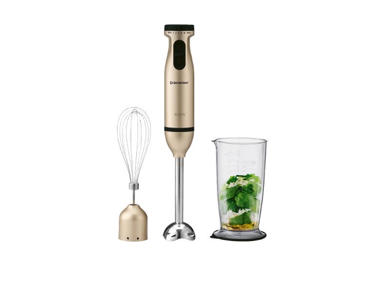 Frullatore a immersione dorato da 600W con frusta e misurino con verdure.
