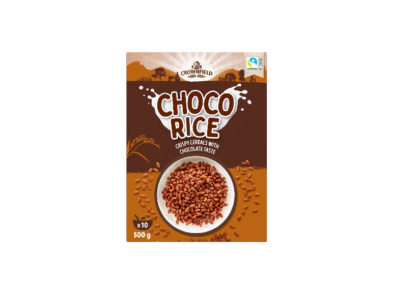 Scatola di cereali di riso al cioccolato, con una ciotola di cereali e latte.