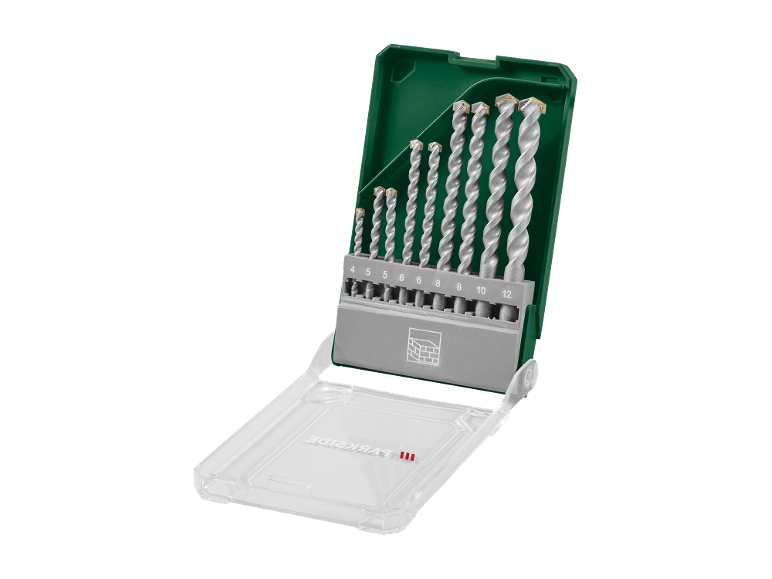Set di punte da trapano per muratura in custodia verde, con misure da 4 a 12 mm.