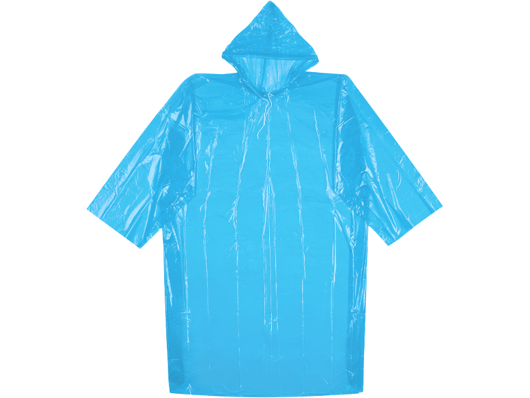 Poncho antipioggia blu monouso con cappuccio.