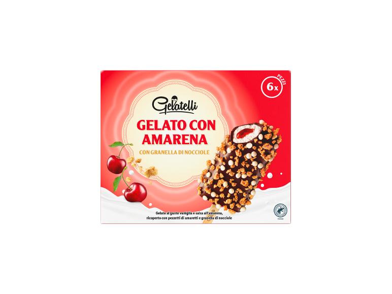 Gelato amarena e nocciole, ricoperto di cioccolato, 6 pezzi.