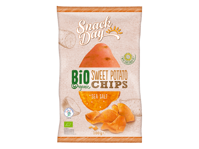 Confezione di patatine dolci biologiche con sale marino e olio di girasole.