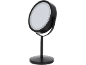 Specchio da trucco rotondo con illuminazione LED e base nera.