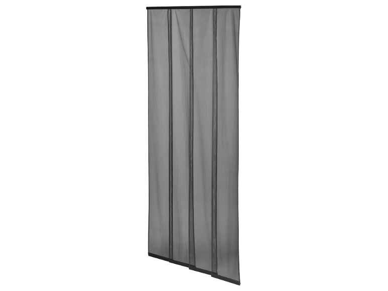 Tenda zanzariera a rete nera con chiusura magnetica.
