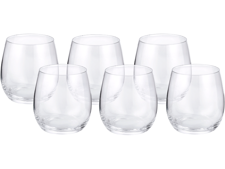Sei bicchieri da vino senza stelo trasparenti con un sottile design a spirale.