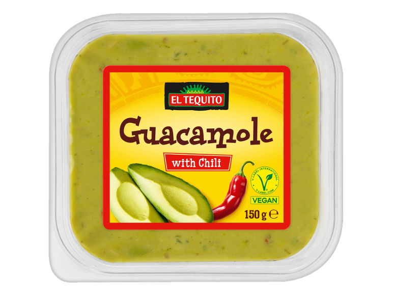 Confezione di guacamole al peperoncino, con avocado e peperoncino sull'etichetta, 150g, vegano.