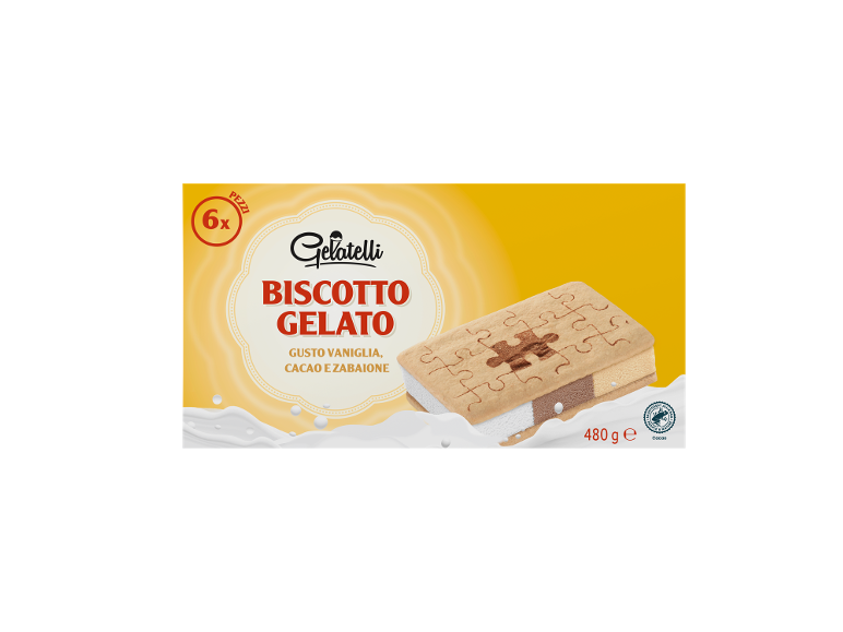 Biscotti gelato ai gusti vaniglia, cacao e zabaione, 6 pezzi, 480g.