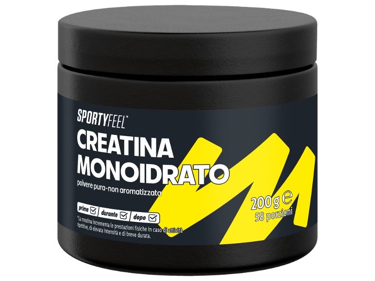 Contenitore nero di creatina monoidrato in polvere, 200g, 58 porzioni.