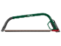 Seghetto ad arco verde e nero con lama marrone e impugnatura rossa.