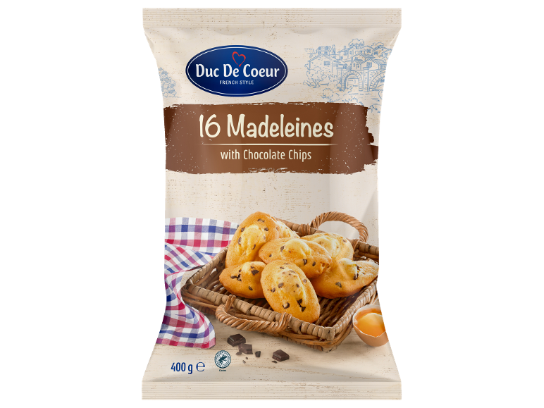 Confezione da 16 madeleine con gocce di cioccolato in un cesto di vimini.
