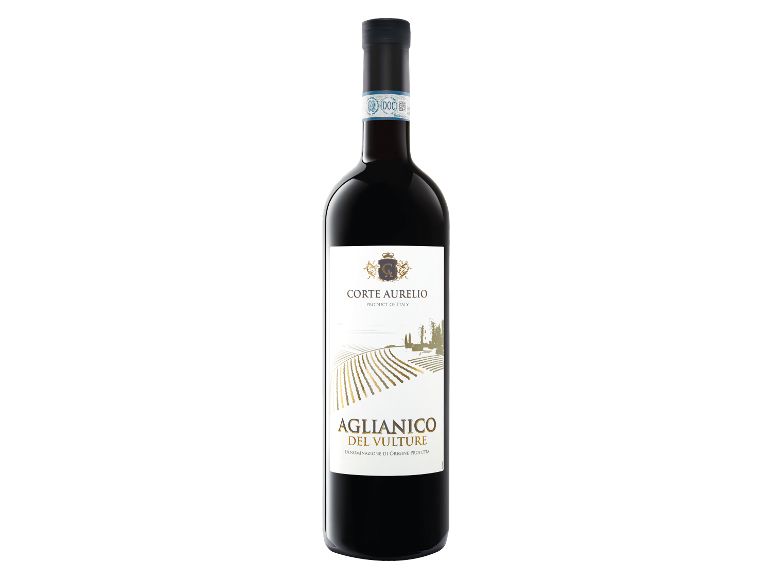 Vino rosso Corte Aurelio Aglianico del Vulture, una bottiglia con etichetta bianca raffigurante un vigneto.