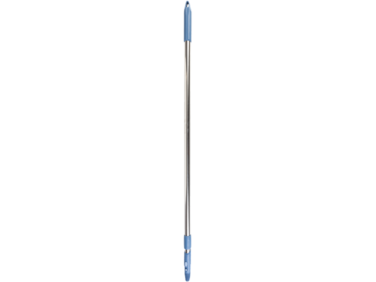 Termometro da bagno digitale con corpo in metallo e dettagli blu.