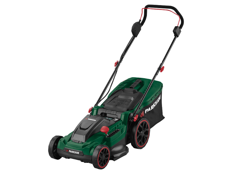 Tosaerba verde con accenti neri e rossi su sfondo nero.