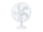 Ventilatore da tavolo bianco con quattro velocità su sfondo nero.