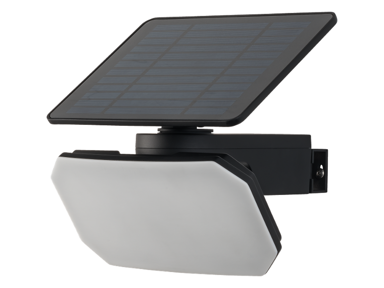 Faretto solare con pannello regolabile e apparecchio di illuminazione bianco.