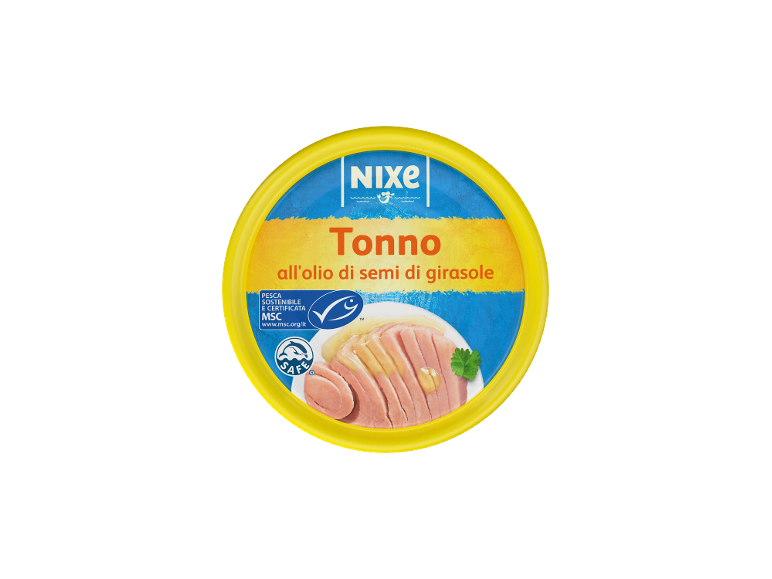 Confezione di tonno all'olio di semi di girasole con certificazione di pesca sostenibile.