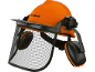 Casco di sicurezza arancione con visiera a rete e cuffie antirumore.