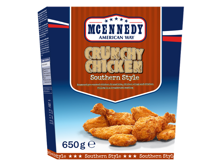 Scatola di pollo croccante stile Southern con cosce, ali e filetti, 650g.