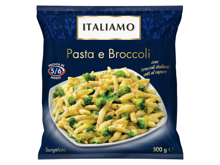 Confezione di pasta e broccoli surgelati, con testo 'Pronta in 5/6 minuti' e '500 g e'.