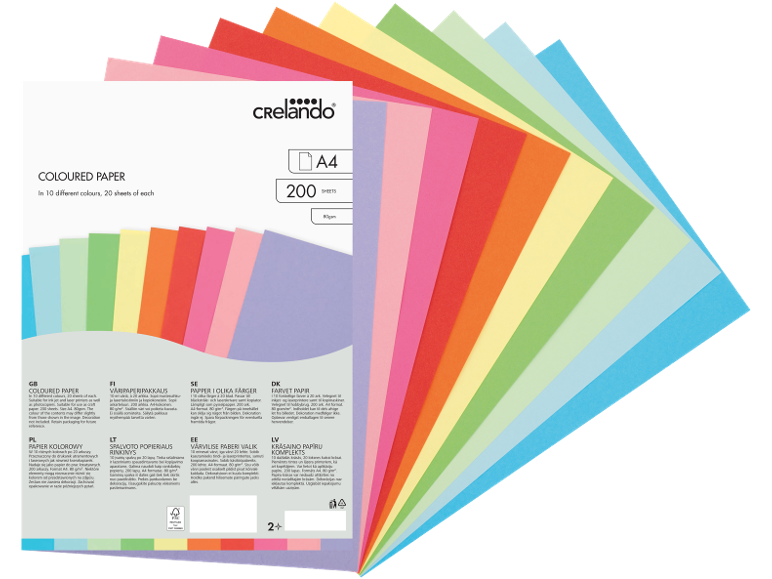 Confezione da 200 fogli di carta colorata A4, 80 g/m², in 10 colori diversi.