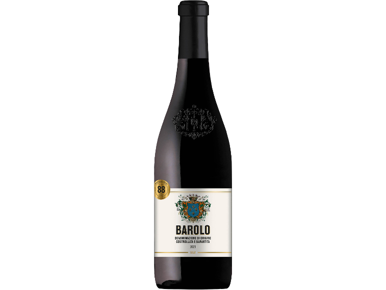 Bottiglia di vino rosso Barolo con etichetta bianca, sigillo dorato e stemma, annata 2021.