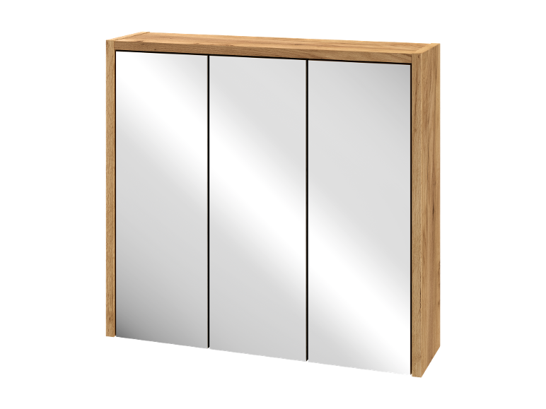 Mobiletto da bagno a specchio in legno chiaro con tre ante.