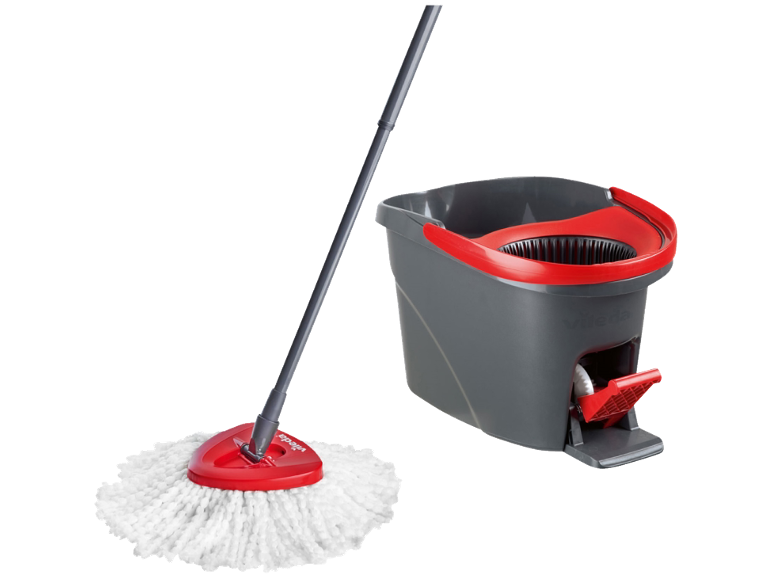 Mocio in microfibra con manico e secchio con strizzatore a pedale.