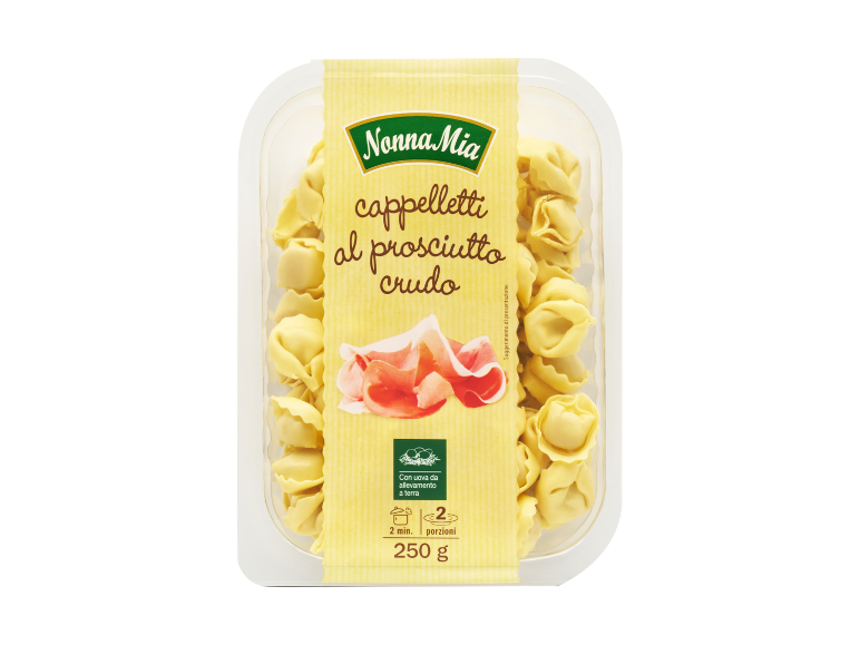 Confezione di cappelletti al prosciutto crudo, con testo che indica 2 minuti di cottura e 250 g.