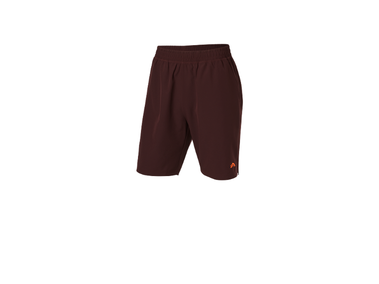 Pantaloncini sportivi marroni con elastico in vita e piccolo logo arancione.
