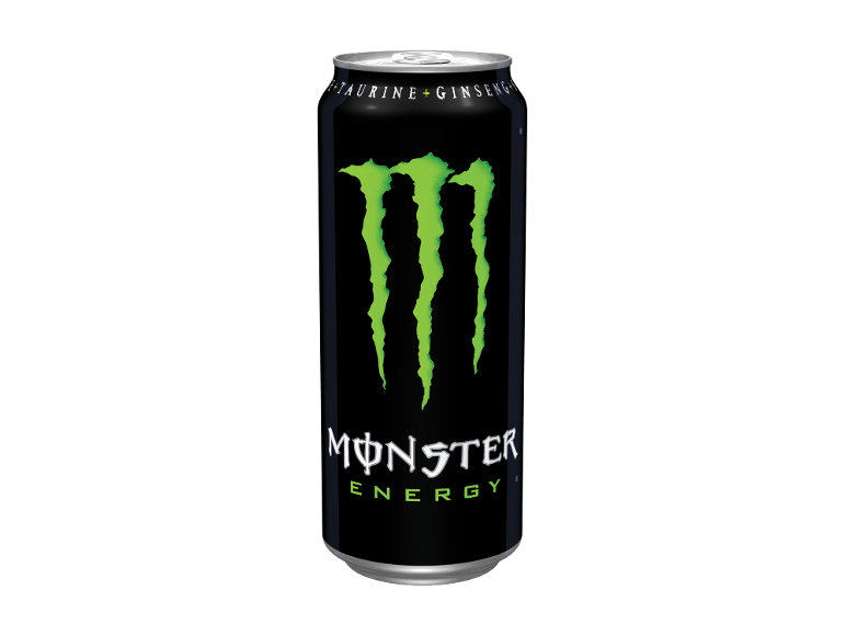 Lattina nera di bevanda energetica con un logo verde brillante e le parole 'TAURINE + GINSENG' e 'ENERGY'.