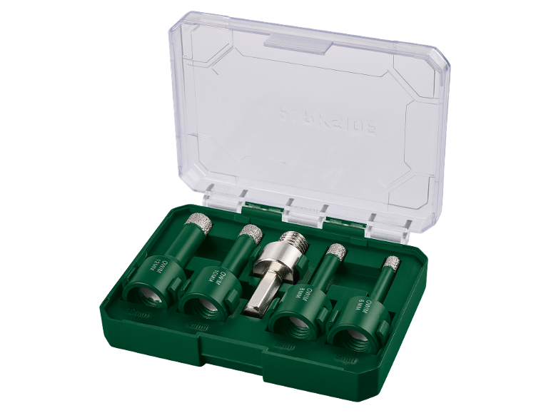 Set di punte diamantate per piastrelle in custodia verde, con misure 6, 8, 10, 12 mm e adattatore.