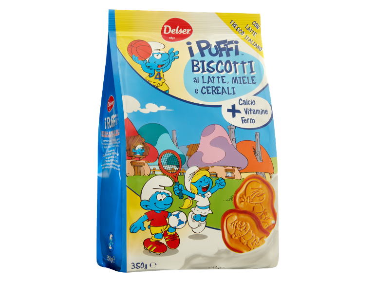 Confezione di biscotti dei Puffi, con latte, miele e cereali, arricchiti con calcio, vitamine e ferro.