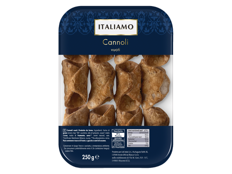 Cannoli vuoti con informazioni nutrizionali e ingredienti in confezione blu.