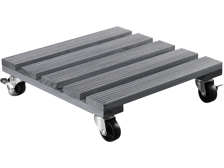 Carrello in legno con ruote per piante o altri oggetti.