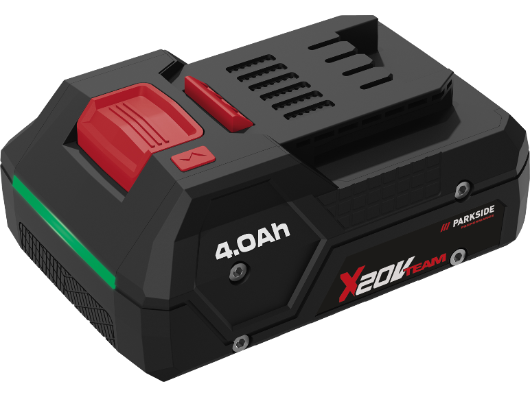 Batteria per utensili elettrici nera e rossa da 4.0Ah 20V con indicatore luminoso verde.