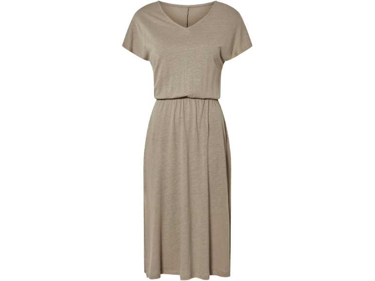 Vestito da donna beige con scollo a V e vita elasticizzata.