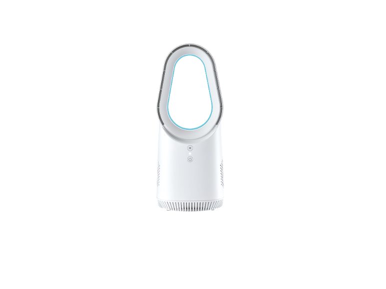 Ventilatore bianco senza pale con illuminazione blu e pulsanti di controllo