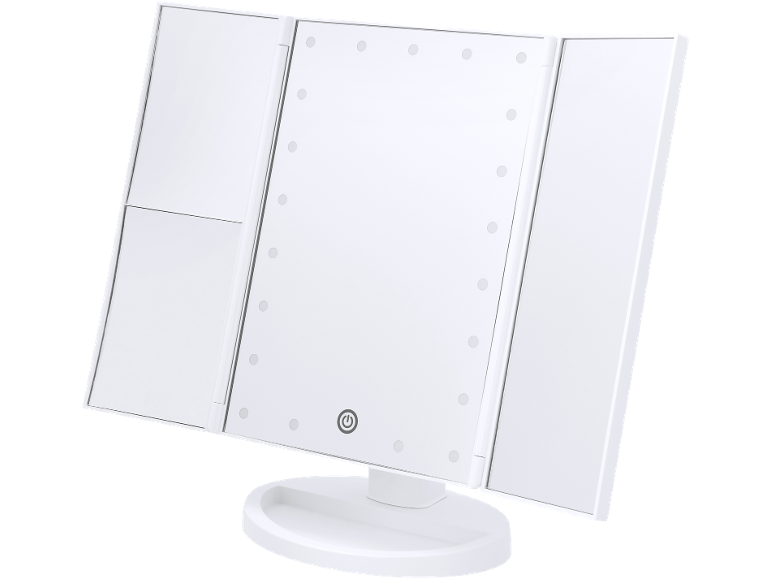 Specchio da trucco triplo bianco illuminato a LED con pulsante di accensione su supporto.