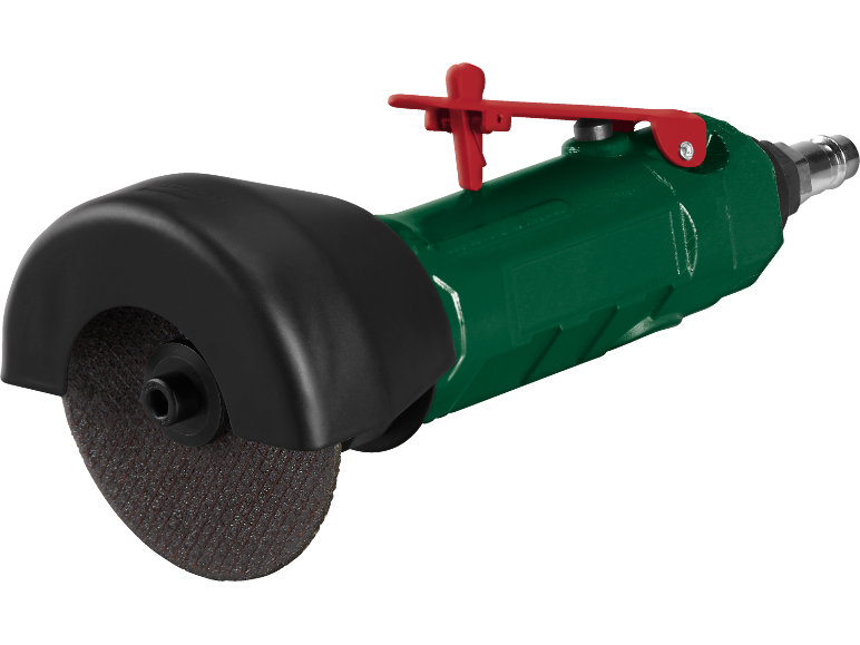 Smerigliatrice angolare pneumatica verde con protezione nera e leva rossa.