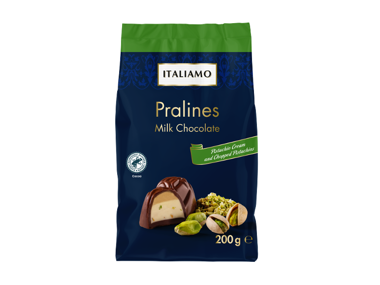 Praline con crema di pistacchio e pistacchi tritati, cioccolato al latte, 200g.