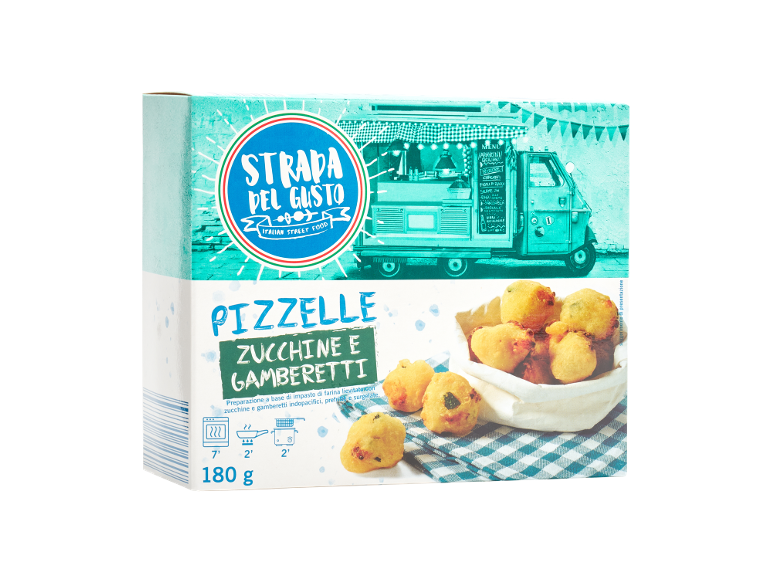 Confezione di pizzelle di zucchine e gamberetti prefritte, con tema food truck e istruzioni di cottura.