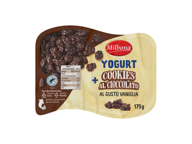 Yogurt alla vaniglia con biscotti al cioccolato, con informazioni nutrizionali e riciclo.