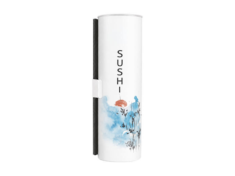 Confezione cilindrica per sushi con bacchette, decorata con un motivo acquerello e la parola 'SUSHI'.