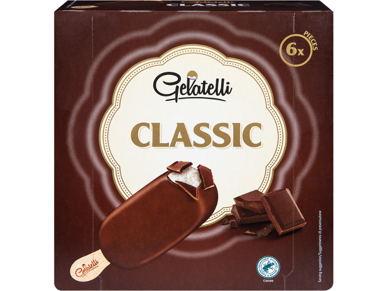 Confezione di gelati classici al cioccolato, 6 pezzi, con un gelato morso e pezzi di cioccolato.
