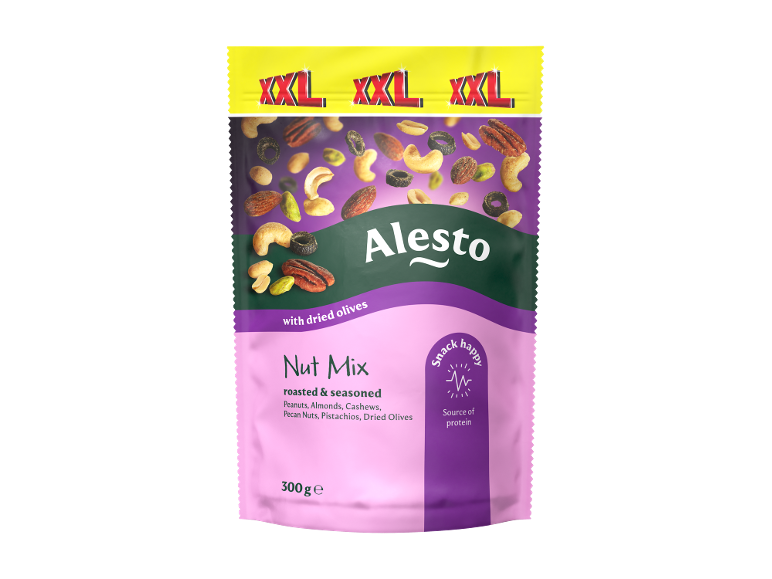 Busta XXL di mix di noci tostate e condite con olive essiccate, 300g, fonte di proteine.