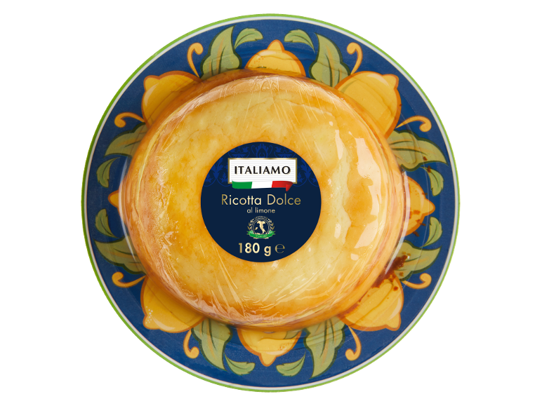 Ricotta dolce al limone su piatto blu con motivo di limoni, 180 g