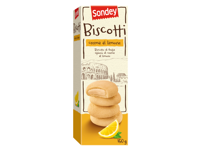Confezione di biscotti con crema al limone, con il Colosseo e limoni.