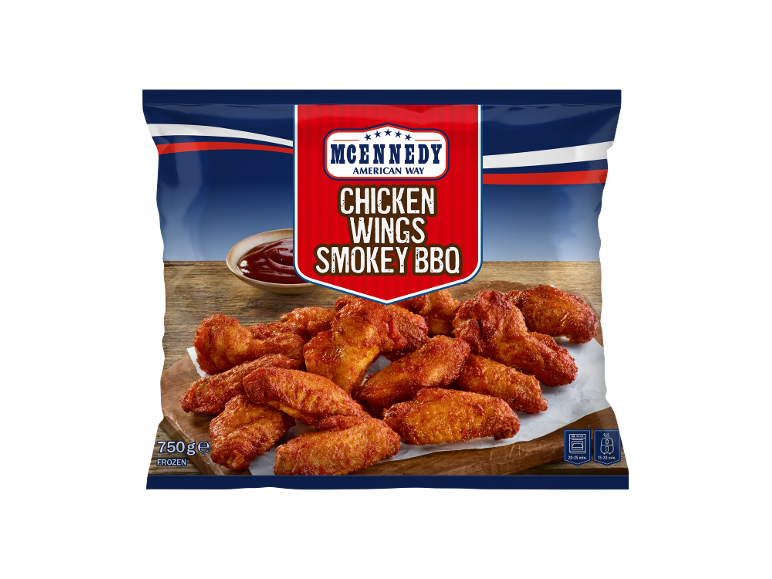 Ali di pollo congelate al gusto BBQ affumicato, 750g, pronte in 15-25 minuti.
